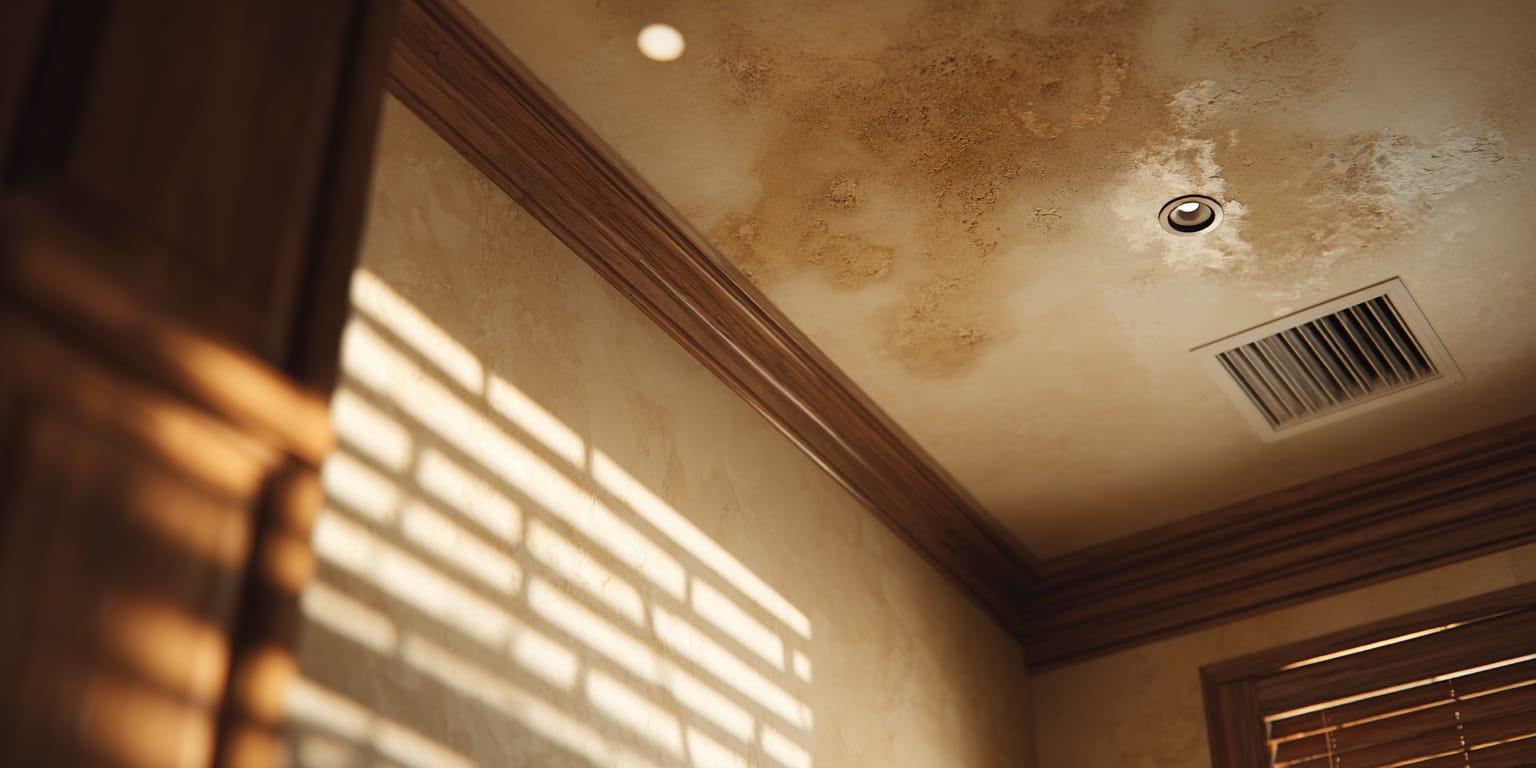 Ceiling water damage caused by a clogged HVAC condensate drain line in a residential home.