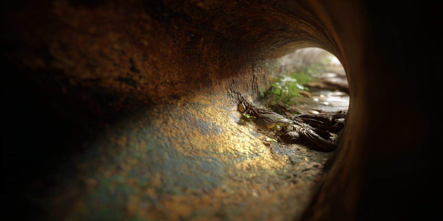 Sewer camera footage showing tree root intrusion and pipe damage in an older Conroe home