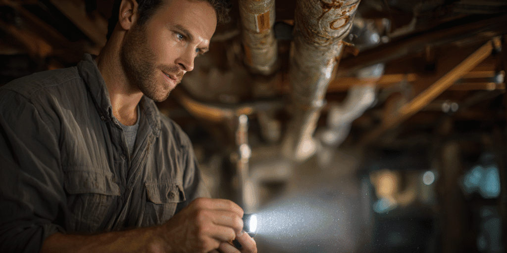 Homeowner inspecting exposed plumbing in a crawl space before hurricane season in Texas.