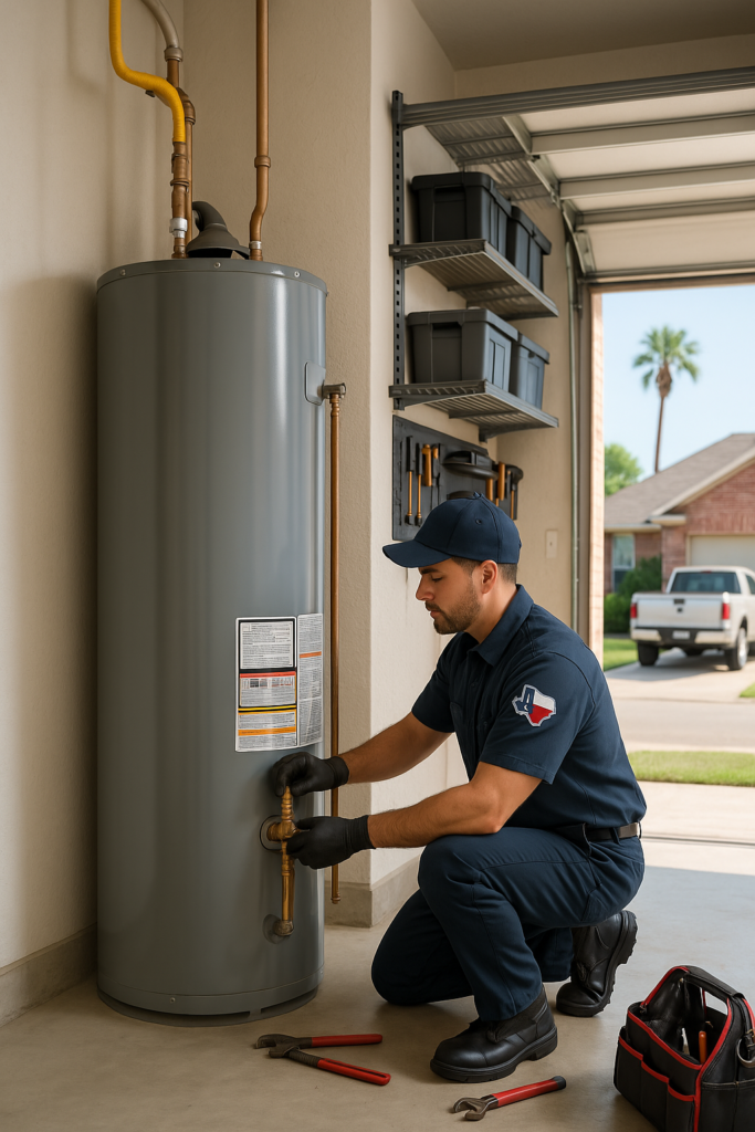 plumber servicing a tank water heater installed on an interior garage wall of a clean suburban home