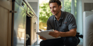 Professional plumber performing annual plumbing inspection under kitchen sink in a Texas home.