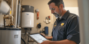 Photo of a plumber conducting an annual plumbing inspection in a Texas home utility room, checking under a sink while reviewing a digital checklist, highlighting the value of preventive maintenance.