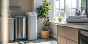 Photo of a professionally installed water softener system in a modern home utility room, showing clean appliances, shiny fixtures, and a homeowner enjoying healthier skin and hair — illustrating the benefits of soft water.