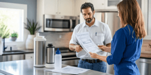 Photo of a Texas homeowner consulting with a plumber in a kitchen, comparing different water filtration system options based on test results, including reverse osmosis and whole-home systems.