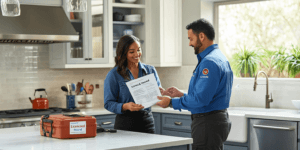 Photo of a licensed plumber discussing service options with a homeowner in a Texas kitchen, illustrating trust, professionalism, and the importance of choosing the right plumbing expert.