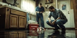 Photo of a frustrated Texas homeowner dealing with water leakage after a failed DIY plumbing repair, while a professional plumber enters the room with proper tools to fix the issue.