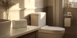 Flushable wipes in a Houston bathroom with a warning sign about not flushing them.