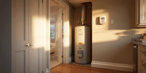 Properly installed gas water heater with carbon monoxide detector in a clean utility room.