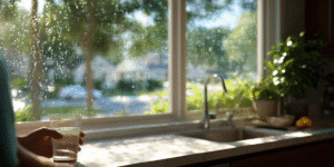 Texas homeowner holding cloudy water glass at kitchen sink with visible summer hard water stains.