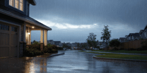Suburban home during heavy rainfall with water pooling near foundation and storm drains overflowing.