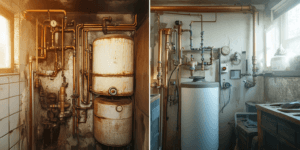 Side-by-side visual of a Texas home’s plumbing system showing hard water scale buildup on one side and clean, protected pipes on the other—illustrating the cost-saving benefits of water softeners.