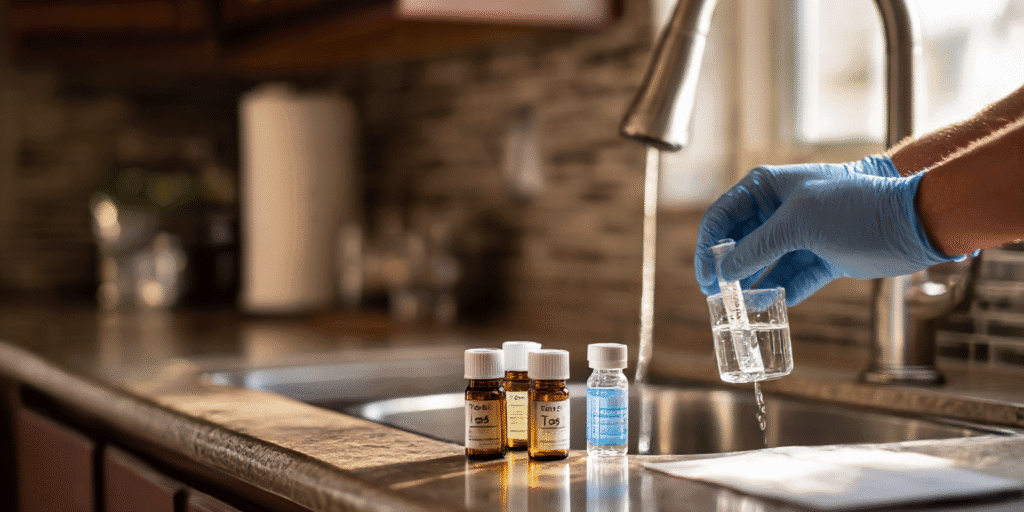 Technician collecting a kitchen tap water sample for quality testing into a sterile vial.