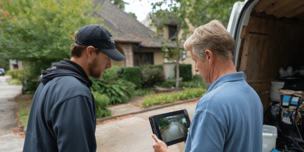 Homeowner watching live sewer camera inspection footage with plumber outside older Conroe home