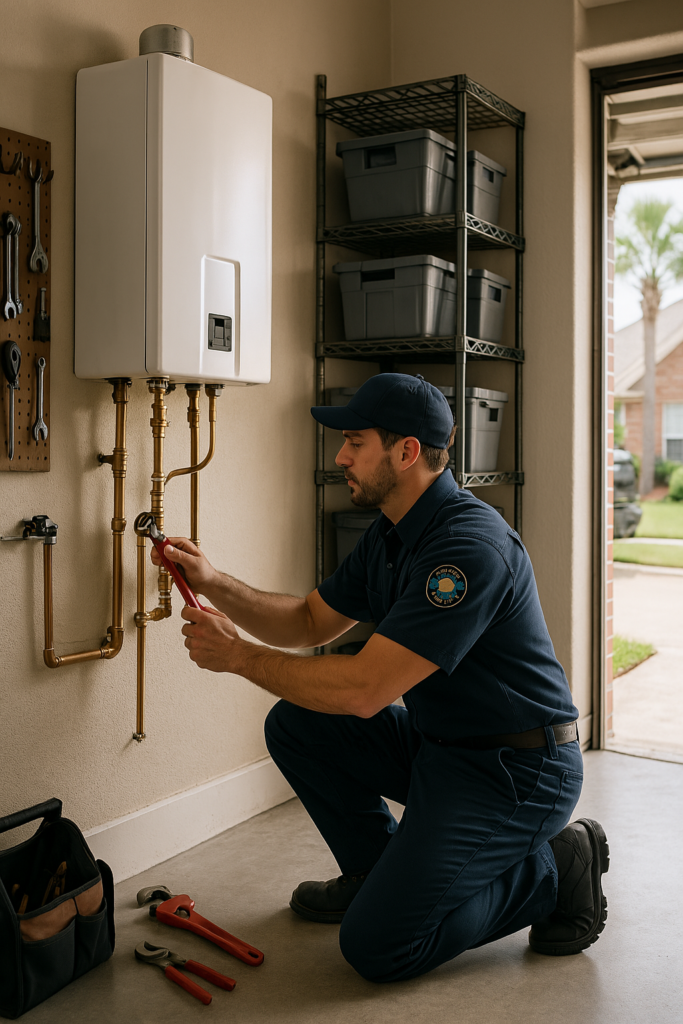 plumber installing a tankless water heater on the interior wall of a clean, organized home garage