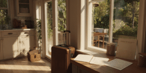 Houston home with vacation bags packed and a plumbing checklist on the counter for summer travel prep.