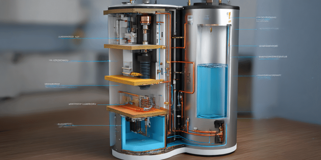 Illustration showing the internal heat pump technology of a hybrid water heater.
