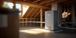 Residential HVAC system with a visible condensate drain line in a finished attic space.