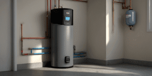 Hybrid water heater in a clean utility room with minimal visible piping and a digital heat pump display.