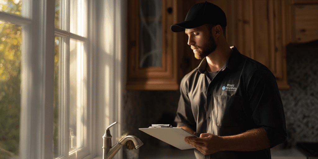 Licensed plumber inspecting kitchen plumbing in a Texas home during summer.