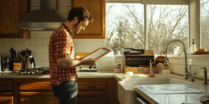 Photo of a Texas homeowner reading a plumbing maintenance checklist at the kitchen sink, emphasizing the importance of avoiding common plumbing myths.
