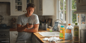 Texas homeowner surrounded by common plumbing myth items like wipes and drain cleaner after a clog.