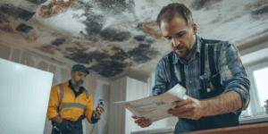 Photo of a Texas homeowner reviewing a repair bill with a plumber, with visible water damage on the floor and wall caused by ignored plumbing issues, illustrating the hidden costs of poor maintenance.