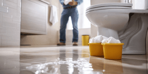 Photo of a plumber responding to a clogged toilet in a Texas home, caused by flushed wipes—highlighting the risks and costs of improper disposal.