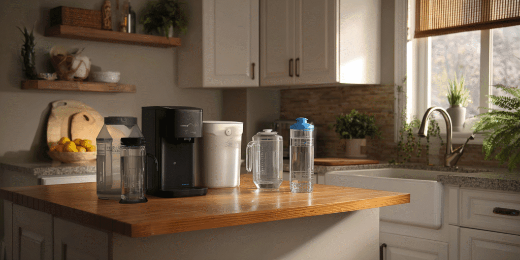 Selection of portable water filters suitable for Texas apartment renters including countertop and faucet models.