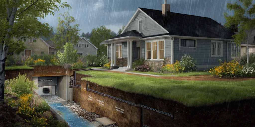 Cutaway diagram showing how stormwater overloads a residential sewer system during heavy rainfall.
