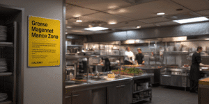 Commercial kitchen with grease trap signage and staff managing a clean dishwashing zone.