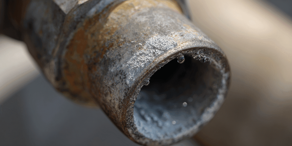 Mineral scale buildup inside pipes and around washing machine hose from hard Texas water.