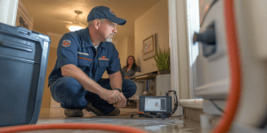 Photo of a licensed plumber performing a sewer line inspection with a camera system in a Texas home, demonstrating preventative steps to avoid costly sewer backups.