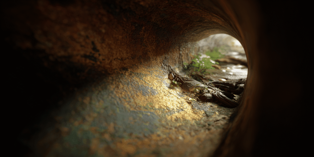 Sewer camera footage showing tree root intrusion and pipe damage in an older Conroe home