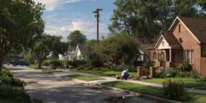 Licensed plumber performing sewer camera inspection in front yard of an older Houston home.