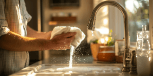 Photo of a Texas home showing hard water scale on a faucet, spotted shower glass, and a homeowner holding cloudy glassware—clear signs that a water softener may be needed.