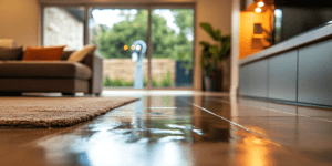 Photo of a Texas homeowner inspecting their living room for signs of a hidden plumbing leak, using a moisture meter near warped flooring and checking the water meter for unusual activity.