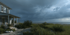 Texas coastal home prepared for hurricane with storm shutters, sandbags, and visible plumbing protections.