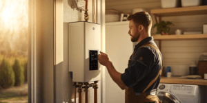 Photo of a tankless water heater installed in a Texas home utility room, with a plumber demonstrating its features to a homeowner, highlighting space-saving design and energy efficiency.