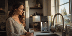 Renter using faucet-mounted water filter in a Texas apartment kitchen with a pitcher filter nearby.