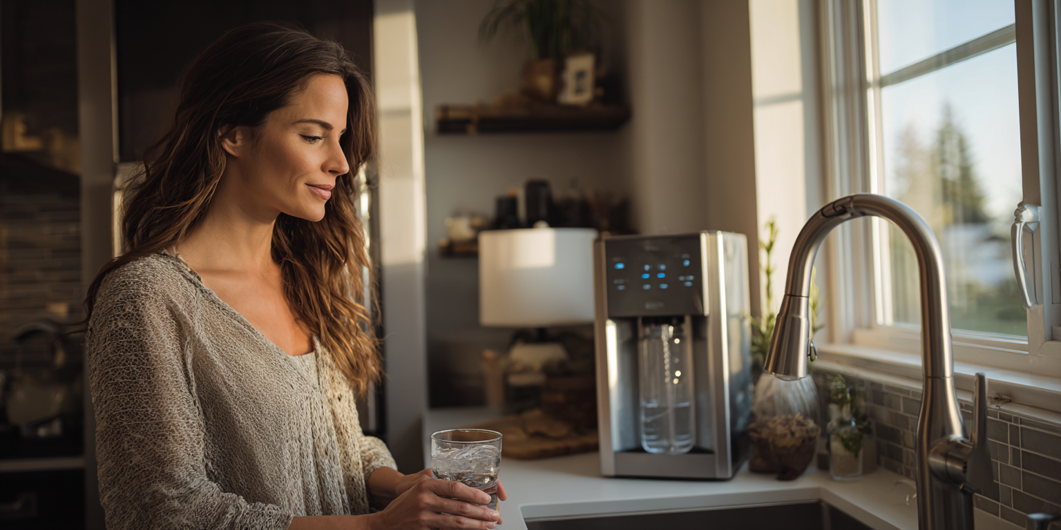 Renter using faucet-mounted water filter in a Texas apartment kitchen with a pitcher filter nearby.
