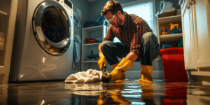 Photo of a plumber inspecting a sewer backup in a Texas laundry room, with standing water on tile flooring and professional equipment used to assess the issue.
