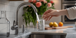 Photo of a homeowner filling a glass from an RO water filtration system installed under the sink in a Texas kitchen, highlighting the benefits of clean, filtered drinking water.