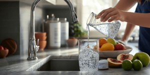 Photo of a family-friendly Texas kitchen with clean, filtered water being poured from the faucet, highlighting the health and hydration benefits of a whole home water filtration system.