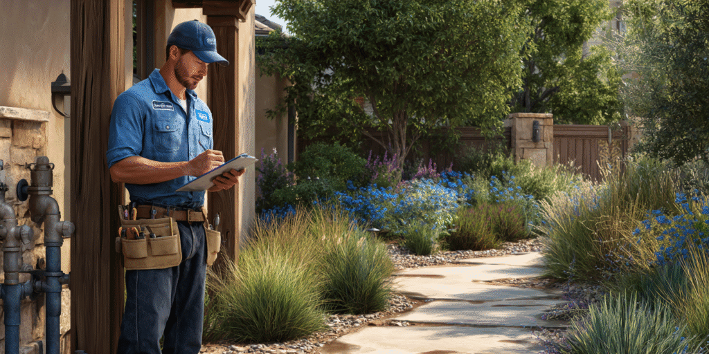Certified Texas plumber inspecting main water shut-off valve before hurricane season.
