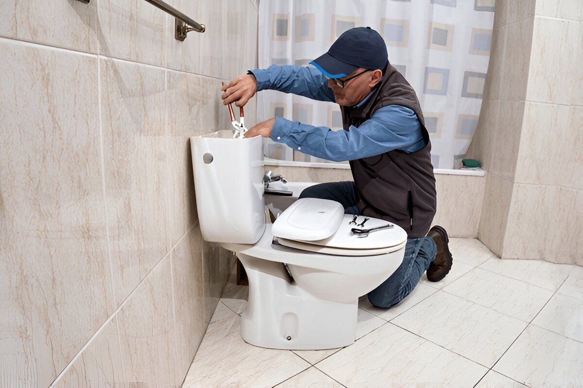 Plumber performing toilet tank repair in a residential Conroe, TX bathroom