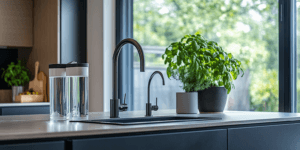 Photo of a modern Texas home showing countertop, under-sink, and whole-home water filtration systems in use, highlighting different options for clean drinking and household water.