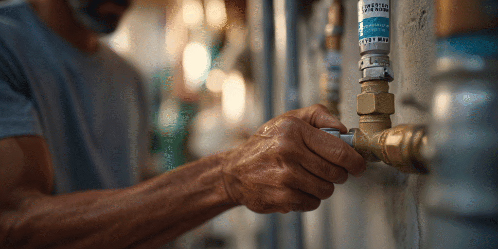 Homeowner shutting off the main water valve as part of vacation-proofing plumbing in Houston.