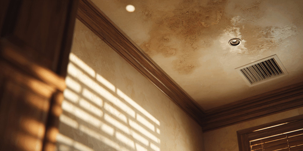 Ceiling water damage caused by a clogged HVAC condensate drain line in a residential home.