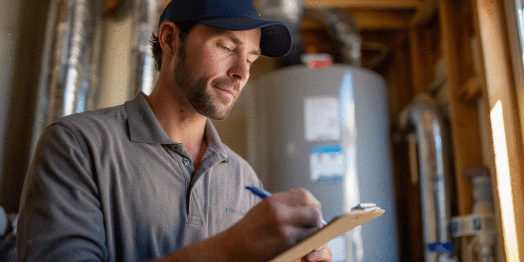 Plumber inspecting a water heater during an annual plumbing checkup