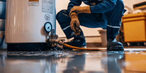 Photo of a licensed plumber in a garage performing maintenance on a residential water heater, flushing the system to remove sediment buildup, with tools and replacement parts nearby.